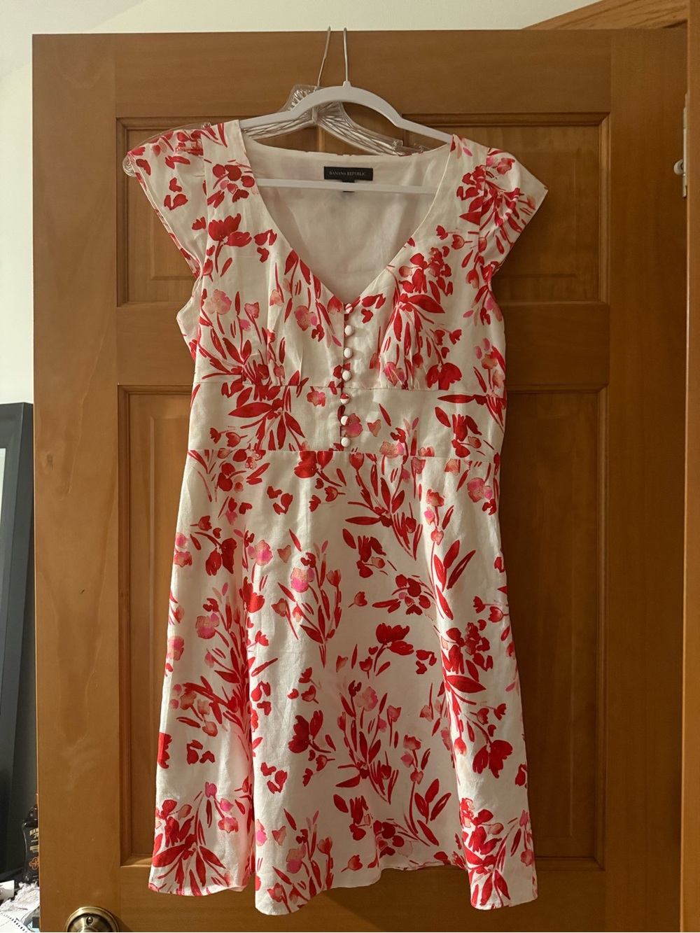 Banana Republic White Midi Dress with Red Floral Print